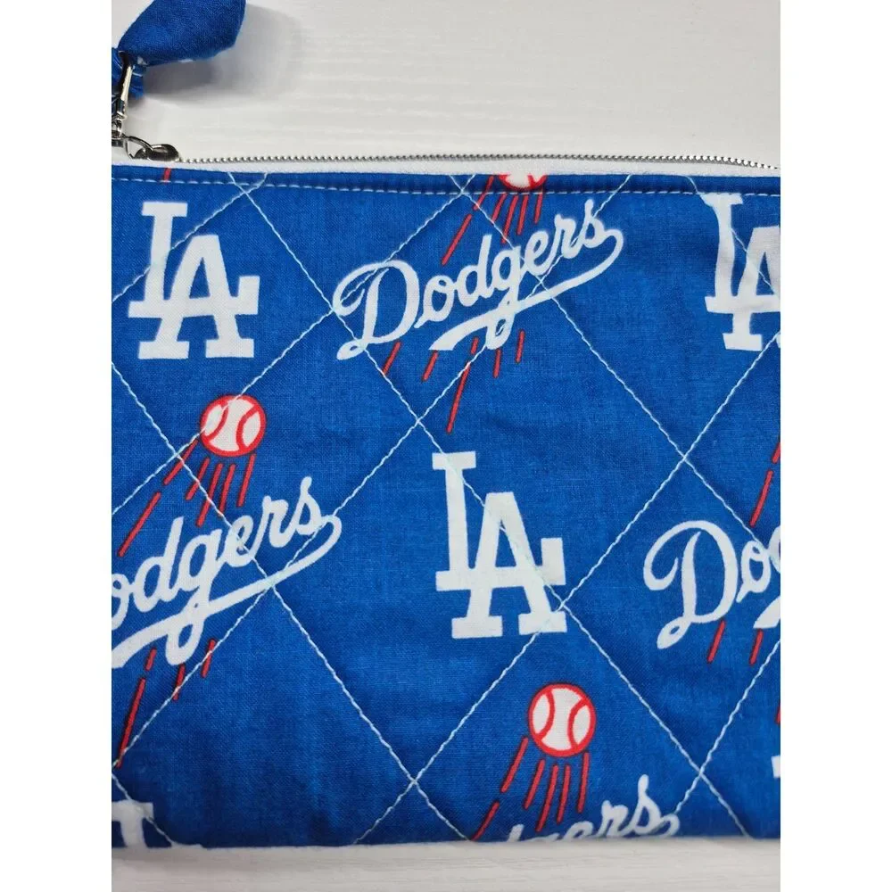 LA Blue Baseball Team Quilted Bow Pouch - Washable Cotton Makeup Bag